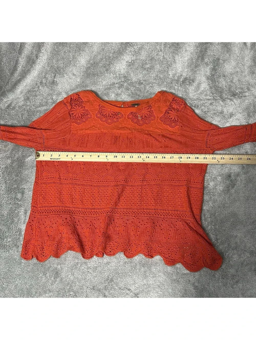 Free People Once Upon A Time Top Womens LG Orange Crochet Bell Sleeve Linen